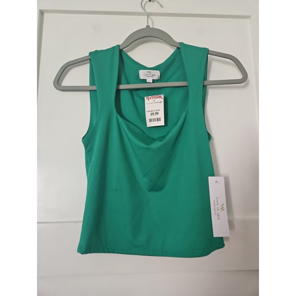 Live In The Moment Cowl Neck Tank Top Sz S Green Sleeveless NWT